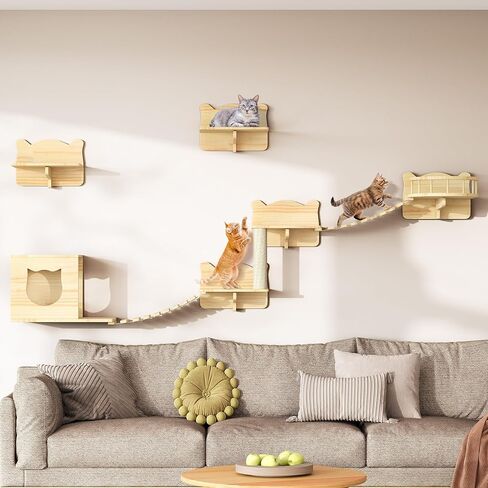 YITAHOME Cat Wall Shelves and Perches for Wall, Solid Wood Wall Mounted Cat Furniture 9 Piece Set, Cat Climbing Shelves Playground Scratching Post with 4 Steps Indoor Mounted Condos House in Saudi Arabia