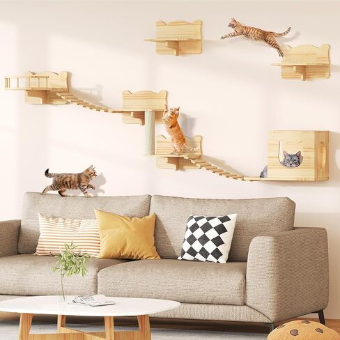 YITAHOME Cat Wall Shelves and Perches for Wall, Solid Wood Wall Mounted Cat Furniture 9 Piece Set, Cat Climbing Shelves Playground Scratching Post with 4 Steps Indoor Mounted Condos House in Saudi Arabia