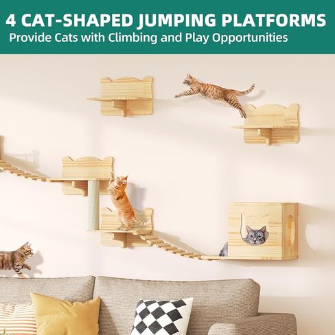 YITAHOME Cat Wall Shelves and Perches for Wall, Solid Wood Wall Mounted Cat Furniture 9 Piece Set, Cat Climbing Shelves Playground Scratching Post with 4 Steps Indoor Mounted Condos House in Saudi Arabia