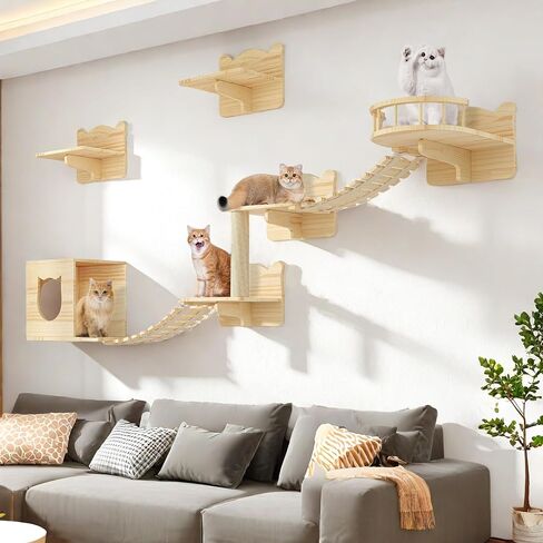 YITAHOME Cat Wall Shelves and Perches for Wall, Solid Wood Wall Mounted Cat Furniture 9 Piece Set, Cat Climbing Shelves Playground Scratching Post with 4 Steps Indoor Mounted Condos House in Saudi Arabia