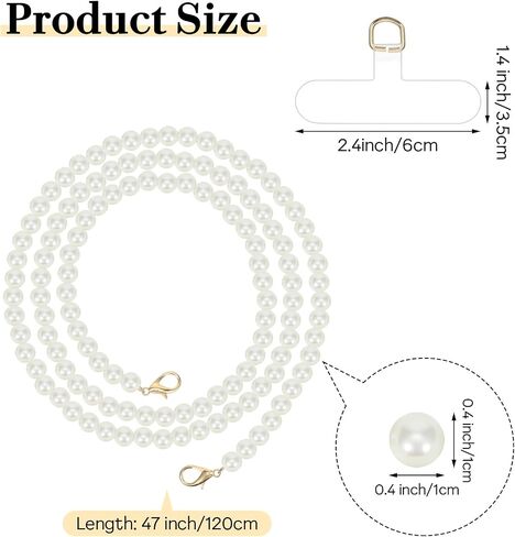 Pearl Phone Strap, 47" Cell Phone Chain, Cell Phone Lanyards with Tether Tab for Women Girls, Universal Pearl Phone Lanyard, Anti-theft Beaded Phone Lanyard Around the Neck for Most Smartphones, White in Saudi Arabia