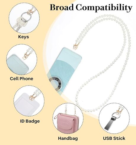 Pearl Phone Strap, 47" Cell Phone Chain, Cell Phone Lanyards with Tether Tab for Women Girls, Universal Pearl Phone Lanyard, Anti-theft Beaded Phone Lanyard Around the Neck for Most Smartphones, White in Saudi Arabia