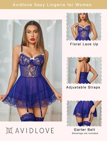 Avidlove Sexy Lingerie for Women Deep V Neck Lace Babydoll Mesh Chemise Boudoir Nighty with Garter Belt in Saudi Arabia