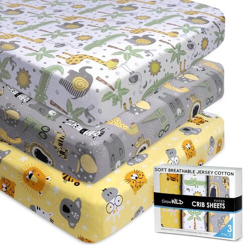 Fitted Crib Sheets by Grow Wild | 3 Pack Soft Stretchy Jersey Cotton Fitted Crib Sheet | Breathable Baby Crib Sheets with Adorable Nautical Design in Saudi Arabia