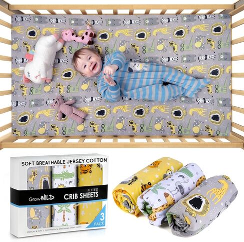 Fitted Crib Sheets by Grow Wild | 3 Pack Soft Stretchy Jersey Cotton Fitted Crib Sheet | Breathable Baby Crib Sheets with Adorable Nautical Design in Saudi Arabia