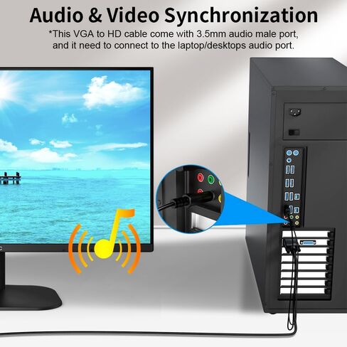 VGA (Sources) to HDMI(Display) Cable 30ft with Audio, VGA to HDMI Adapter Converter Cord Cable Compatible Well Witch Computer/Projector/Laptop to Monitor/TV/Desktop in Kuwait
