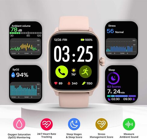 Spade & Co Health Smartwatch 4 - Smartwatch for Men & Women, Heart Rate, Sleep & SpO2 Monitor, Pedometer, Fitness Tracker, Answer/Make Calls IP68 Waterproof iOS & Android Compatible - 10+ Days Battery in Kuwait