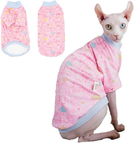 Sphynx Cat Clothes, Hairless Cat Shirt, Soft Stretchy Sweater for Cats, Breathable Cat Daily Outfit, Cat Pullover for Cornish Rex, Devon Rex (Pink Cartoon, XXL (8.5-12lbs)) in Saudi Arabia