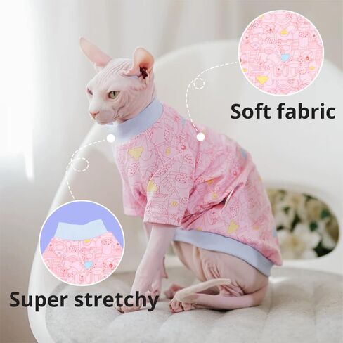 Sphynx Cat Clothes, Hairless Cat Shirt, Soft Stretchy Sweater for Cats, Breathable Cat Daily Outfit, Cat Pullover for Cornish Rex, Devon Rex (Pink Cartoon, XXL (8.5-12lbs)) in Saudi Arabia
