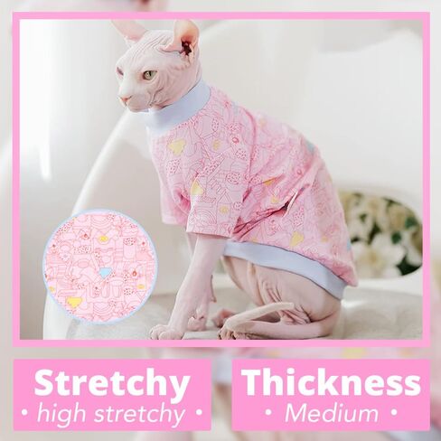Sphynx Cat Clothes, Hairless Cat Shirt, Soft Stretchy Sweater for Cats, Breathable Cat Daily Outfit, Cat Pullover for Cornish Rex, Devon Rex (Pink Cartoon, XXL (8.5-12lbs)) in Saudi Arabia