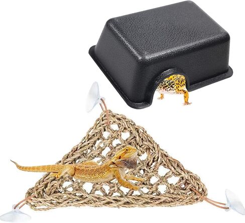 قطعتان من مخبأ الزواحف، صندوق إخفاء الثعبان من البلاستيك، مخابئ الزواحف للكهف من أجل الفهد جيكو الكرة الثعبان والسحالي والسلاحف والبرمائيات الأفعى الصغيرة (أسود، كبير) in Kuwait