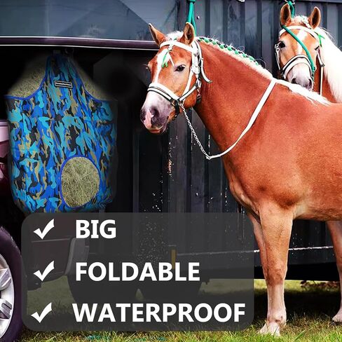 حقيبة قش الحصان من قماش أكسفورد المتين، حقيبة تغذية ذات سعة كبيرة مع قفل معدني، كيس قش للتغذية البطيئة، مثالية لتغذية القش المثالية للحمير والبقرة والماعز مع فتحة تغذية مفتوحة (مموهة) in Kuwait