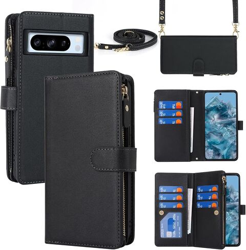 Jaorty for Google Pixel 8 Pro Phone Wallet Case for Women with Card Holder,Crossbody Pixel 8 Pro Case with Strap Lanyard,Zipper Pocket Magnetic Flip Leather Pixel 8 Pro Case,6.7" Black in Kuwait