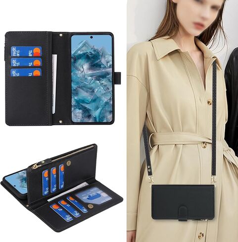 Jaorty for Google Pixel 8 Pro Phone Wallet Case for Women with Card Holder,Crossbody Pixel 8 Pro Case with Strap Lanyard,Zipper Pocket Magnetic Flip Leather Pixel 8 Pro Case,6.7" Black in Kuwait