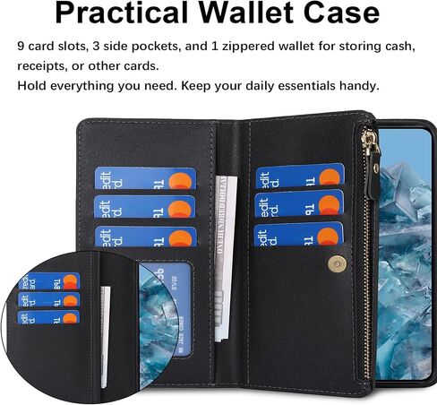 Jaorty for Google Pixel 8 Pro Phone Wallet Case for Women with Card Holder,Crossbody Pixel 8 Pro Case with Strap Lanyard,Zipper Pocket Magnetic Flip Leather Pixel 8 Pro Case,6.7" Black in Kuwait