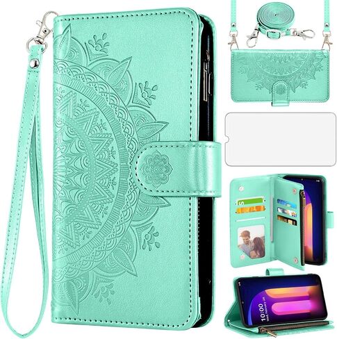 Asuwish Phone Case for LG V60 ThinQ V60ThinQ 5G G9 Thin Q Wallet Cell Cover with Screen Protector Lanyard Wrist Strap Mandala Flower Zipper Card Holder Stand LGV60 V 60 60ThinQ 60V Women Girls Gray in Saudi Arabia
