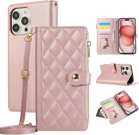 SZHAIYU Zipper Wallet Handbag Purse Compatible with iPhone 16 Pro Max Crossbody Case with Credit Card Holder Wrist Strap Lanyard Women 6.9'' Flip Faux Leather (Purple,IP 16 Pro Max) in Saudi Arabia
