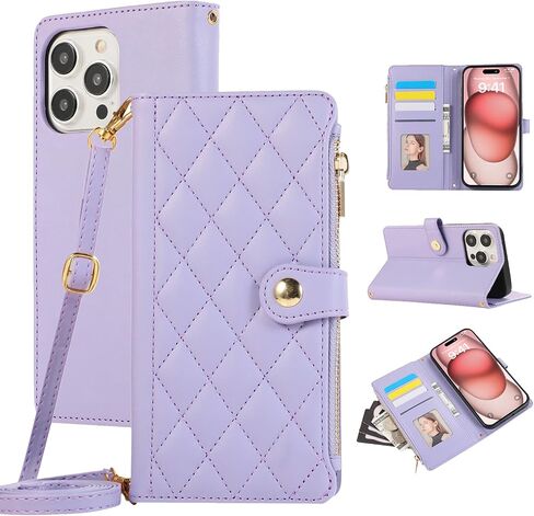 SZHAIYU Zipper Wallet Handbag Purse Compatible with iPhone 16 Pro Max Crossbody Case with Credit Card Holder Wrist Strap Lanyard Women 6.9'' Flip Faux Leather (Purple,IP 16 Pro Max) in Saudi Arabia