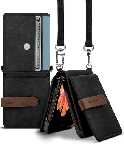 GOOSPERY Wallet Case Compatible with Galaxy Z Flip, Detachable Card Holder 2 Card Pocket Storage Premium PU Leather Adjustable Cross-Body Strap Attached Earbud Cord Organizer (Black) in Saudi Arabia