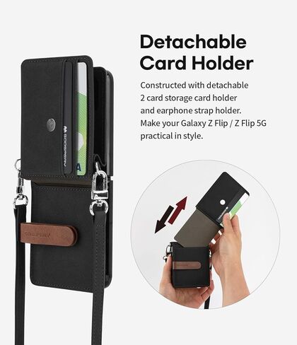 GOOSPERY Wallet Case Compatible with Galaxy Z Flip, Detachable Card Holder 2 Card Pocket Storage Premium PU Leather Adjustable Cross-Body Strap Attached Earbud Cord Organizer (Black) in Saudi Arabia