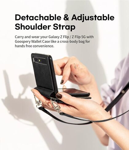 GOOSPERY Wallet Case Compatible with Galaxy Z Flip, Detachable Card Holder 2 Card Pocket Storage Premium PU Leather Adjustable Cross-Body Strap Attached Earbud Cord Organizer (Black) in Saudi Arabia