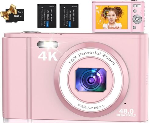 Digital Camera,4K Kids Camera for Photography,Nsoela 48MP Autofocus Compact Point and Shoot Camera, 2.8" LCD Screen,16X Digital Zoom,Portable Vlogging Camera with 32GB SD Card for Teens in Saudi Arabia