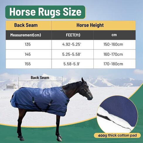 Waterproof Horse Turnout Blanket Horse Winter Blanket 400g Filling with Detachable Neck Cover Size 78 Navy Blue in Kuwait