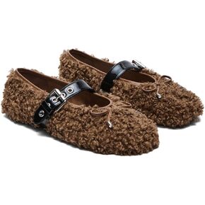 Fur Ballet Flats with Buckle for Women Comfy Faux Shearling Mary Jane Flats Adjustable Strap Ballerina Flat Shoes Causal Daily Dress Shoes