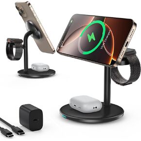 3 in 1 Wireless Charging Station for Apple Devices with MagSafe Charger, [Aluminum] 15W Wireless Charger Station for iPhone 16/15/14/13/12,Wireless Charging for iWatch&AirPods iWatch(20W Adapter)
