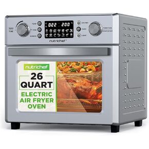 NutriChef 26L Electric Air Fryer Oven | 1700W Countertop Rotisserie & Air Fryer | 360° Rotating Feature | 10 Digital Menu Presets | Includes Drip Tray, Air Frying Basket & Bake Rack 15x16x14 (Silver)