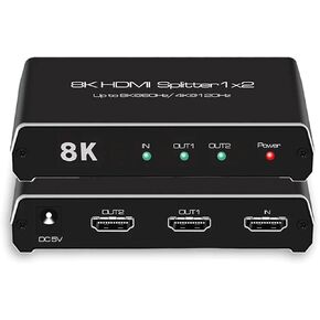 8K 60Hz HDMI Splitter 1x2 ，4K 120Hz HDMI 2.1 Splitter Converter 1 in 2 Out HDCP 2.3 UHD HLG HDR 7680x4320P for 8KTV PS5 Xbox Game