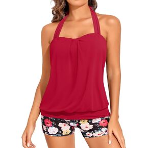 Women Two Piece Tankini with Shorts - Blouson Bathing Suit Halter Bandeau Top Swimsuit with Boyshorts Swimwear