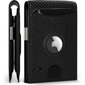Airtag Wallet for Men, Leather Slim Wallet with Airtag Holder, Minimalist Wallet with RFID Blocking & Money Clip, Black