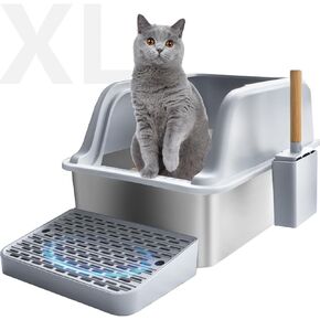 XL Large Enclosed Jumbo Stainless Steel Cat Litter Box,Kitty Metal Litter Box with Lid Footboard Litter Scoop Non-Sticky Never Absorbs Odors High Sided for Big Cats