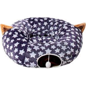Cat Bed Tunnel Tree Skirt, Round Cave Donut Play Tunnels for Indoor Cats Large, 2 in 1 Soft Plush Mat and S Shape Collapsible Circle Tube with Zippers Hanging Ball Toy