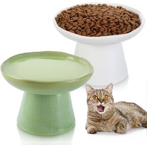 2 Pack Raised Cat Bowls 6.1" Extra Wide Ceramic Elevated Cat Food Bowls Shallow Anti Vomit Alleviate Whisker Fatigue Cat Food Dish for Elder Big Cats, Small Dogs, White & Green