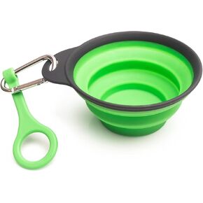 Travel Collapsible Dog Bowl Green, 12oz Portable Pet Feeder, 1 Carabineer, 100% Silicone, Foldable Expandable for Dog/Cat Food Water Feeding, Travel Bowl for Camping Walking Parking Traveling