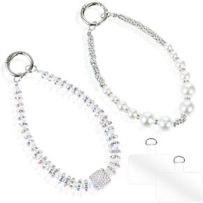 2 Pcs Phone Wrist Strap with Tether Tab, Detachable Phone Bracelet Strap, Pearl Beaded Phone Wristlet Strap for Phone Case, Anti-Loss Cell Phone Bracelet Wristlet for Wallet Camera Charm