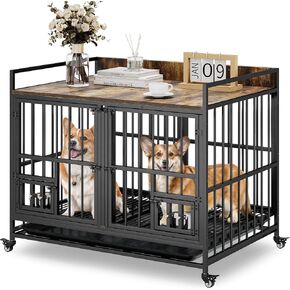 YITAHOME 37.5'' Heavy Duty Dog Crate with Removable Divider, Double Doors & Locks Design, Furniture Style Large Dog Crate with 360° Rotatable Dog Bowls & 360° Wheels & 2 Trays for Small/Medium Dog in Kuwait