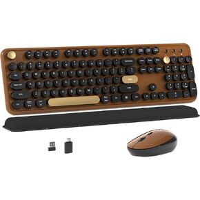 Colorful Wireless Computer Keyboard and Mouse Combo with Round Typewriter Keycaps, Retro Design, Power Switch, Ergonomic Design, 2.4GHz Wireless for Windows, Mac, PC(Black-Brown)