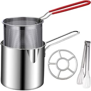Kichvoe Chicken Wire Mesh Deep Fryer Pot Basket with Tong Stove Ring Stainless Steel Mini Deep Oil Fryer Fine Mesh Oil Skimmer for Home Tempura Chips Fries Fish Chicken Stainless Steel Frying Pan