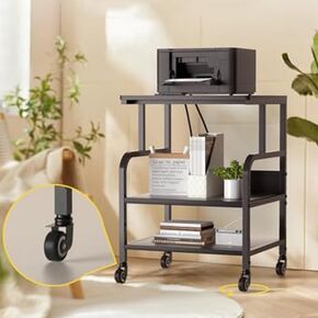 Large Printer Stand with 3-Tier Wood Storage Shelves with Power Outlet-Multi-Purpose Desk Organizer- for Printer Scanner Fax Home Office Use with Wheels (Rustic Brown)