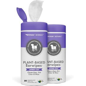 Petkin Plant-Based EarWipes, 80 Wipes, 2 Pack - Biobased & Sustainable Pet Ear Wipes for Dogs & Cats - Cleans Ear Area, Dirt, Odor & Wax - Consciously Cleans & Conditions - Easy to Use - Lavender in Kuwait