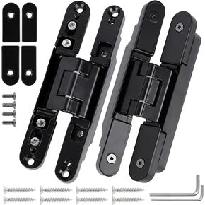 Hidden Door Hinges（2 Pcs）- 6 x 2 x 1.2 inch Silver Thin Invisible Hinges for Doors Zinc Alloy Concealed Hinge, 3 Way Adjustable Hinges, 180° Swing Invisible Hinges for 28-45mm Door Thickness