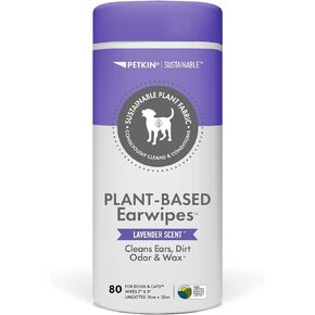 Petkin Plant-Based EarWipes, 80 Wipes, 2 Pack - Biobased & Sustainable Pet Ear Wipes for Dogs & Cats - Cleans Ear Area, Dirt, Odor & Wax - Consciously Cleans & Conditions - Easy to Use - Lavender