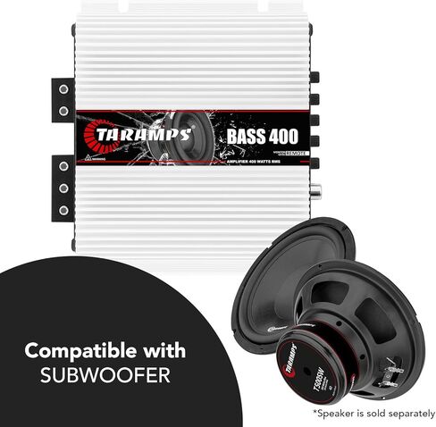 Taramps Bass 400 4 Ohms Monoblock Amplifier 400 Watt Rms قوي، 1 قناة 14.4VDC طاقة الإخراج، نطاق كامل RCA/إدخال عالي المستوى، نظام صوت السيارة in Kuwait