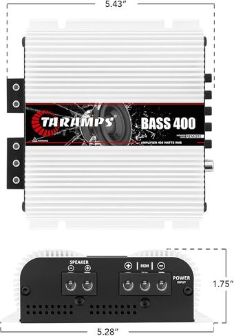 Taramps Bass 400 4 Ohms Monoblock Amplifier 400 Watt Rms قوي، 1 قناة 14.4VDC طاقة الإخراج، نطاق كامل RCA/إدخال عالي المستوى، نظام صوت السيارة in Kuwait