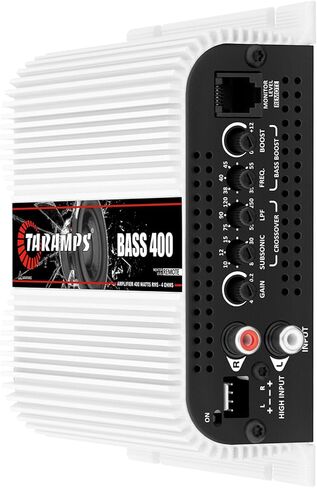 Taramps Bass 400 4 Ohms Monoblock Amplifier 400 Watt Rms قوي، 1 قناة 14.4VDC طاقة الإخراج، نطاق كامل RCA/إدخال عالي المستوى، نظام صوت السيارة in Kuwait