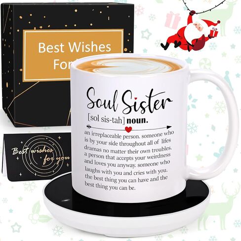 LiqCool Soul Sister Gifts for Women, Soul Sister Coffee Mug Warmer, Friendship Gifts for Women Bestie Friends, for Sister, Cool Sister Gifts for Sisters on Birthday(11 Oz, White) in Saudi Arabia