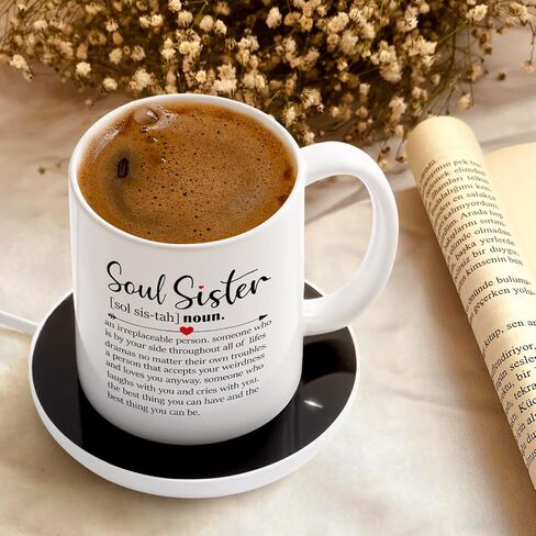 LiqCool Soul Sister Gifts for Women, Soul Sister Coffee Mug Warmer, Friendship Gifts for Women Bestie Friends, for Sister, Cool Sister Gifts for Sisters on Birthday(11 Oz, White) in Saudi Arabia